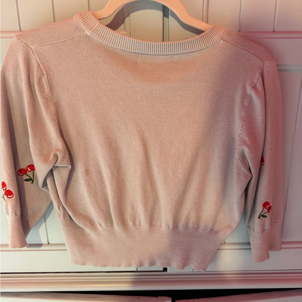 Light Blue Cherry Embroidered V-Neck Cardigan Sweater - Picture 2 of 3